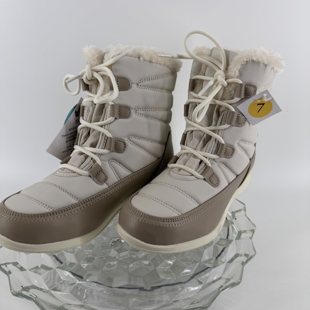 Totes Waterproof Insulated Winter Sno Boot Women Size 7 Cream Tan Faux Fur Lined